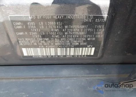 2013 Subaru Outback 2.5I Premium from USA, damaged, VIN 4S4BRCGC4D3305114